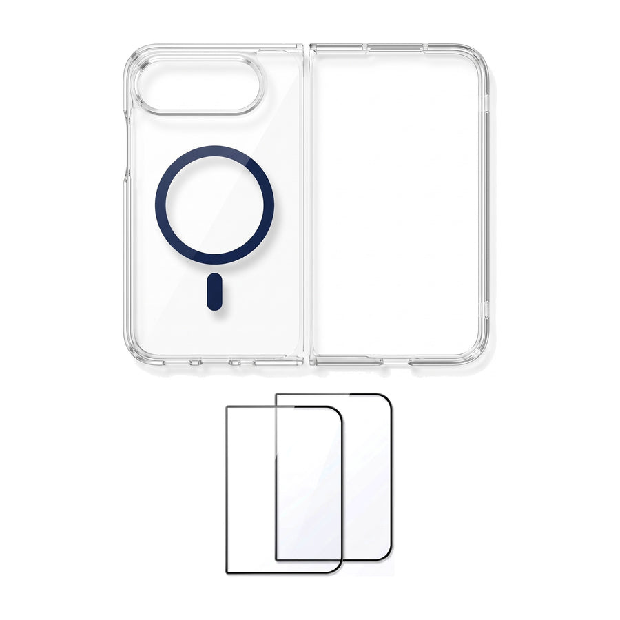 Set für iPhone Duo: transparente Hülle mit Magnetring in Dunkelblau und 2 Schutzgläser