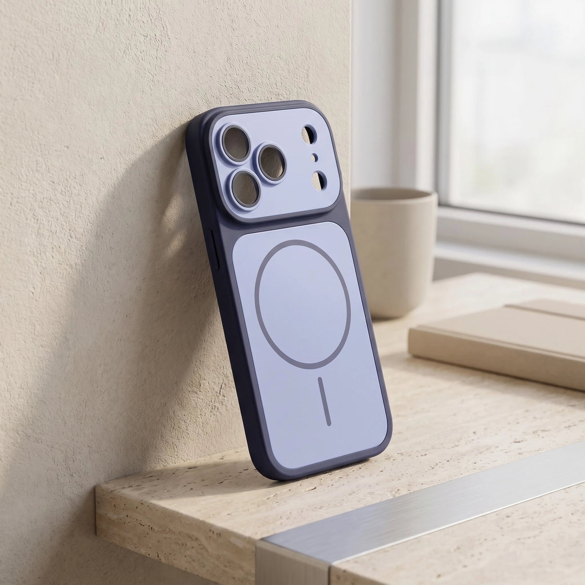 Hülle für iPhone 18 Pro und 18 Pro Max in Blau auf einem Schreibtisch aus Naturstein
