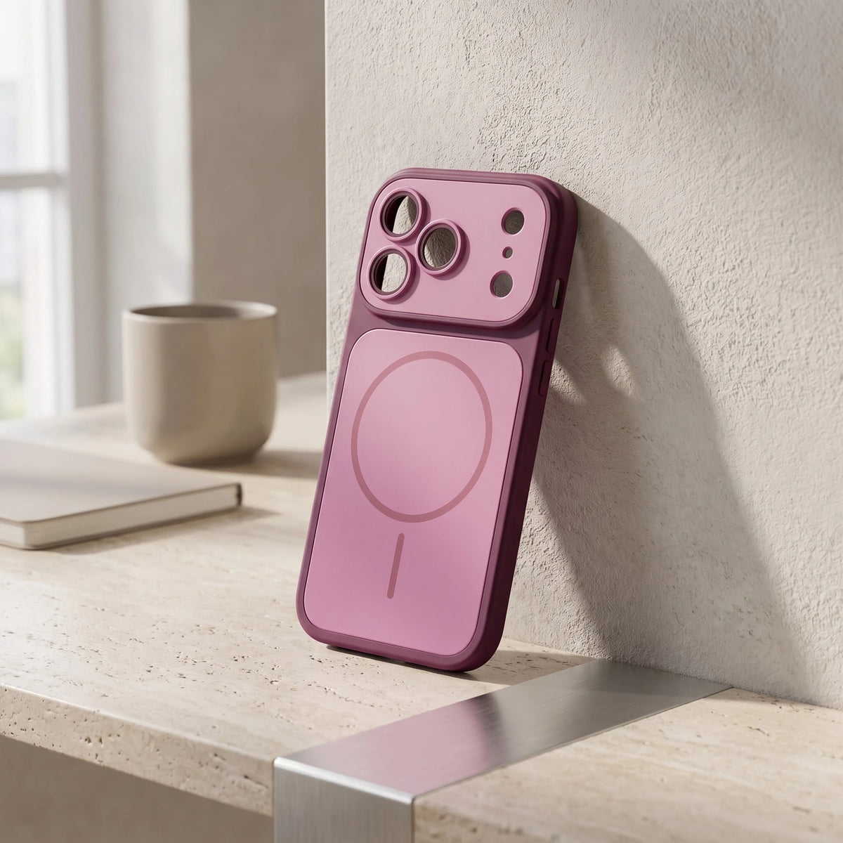 Hülle für iPhone 18 Pro in Bordeaux auf einem Schreibtisch aus Naturstein