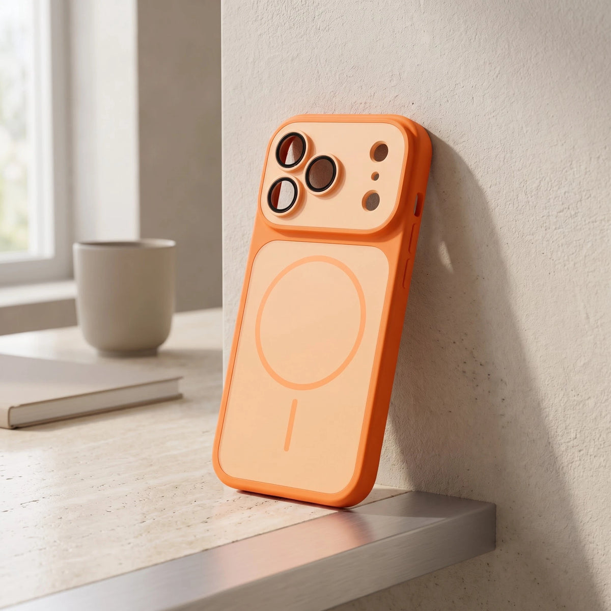 Hülle für iPhone 18 Pro und 18 Pro Max in Orange auf einem Schreibtisch aus Naturstein