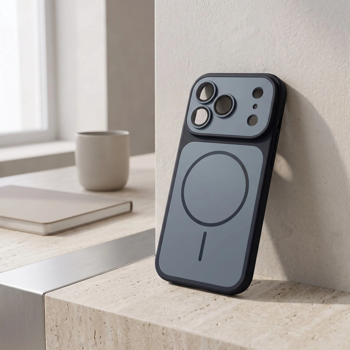 Hülle für iPhone 18 Pro und 18 Pro Max in Schwarz auf einem Schreibtisch aus Naturstein
